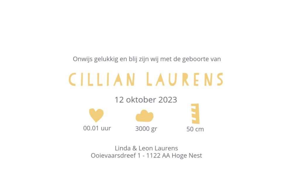 Geboortekaartje binnenkant met goudfolie letters