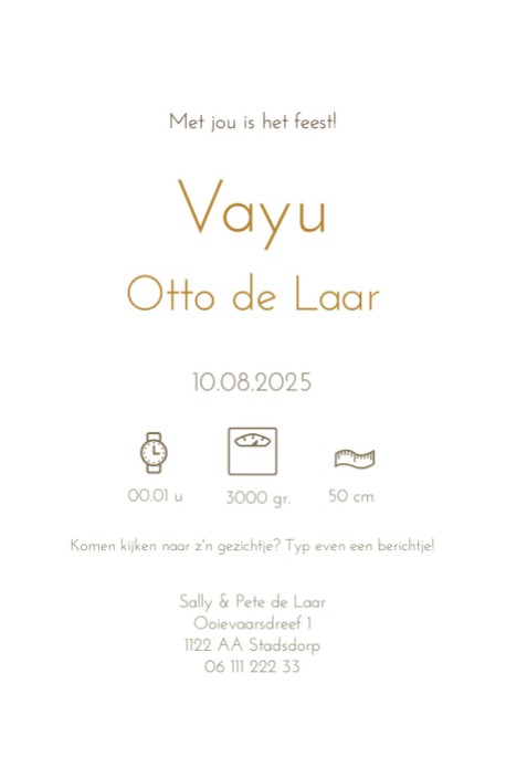 Achterkant van een geboortekaartje in de vorm van een ballon