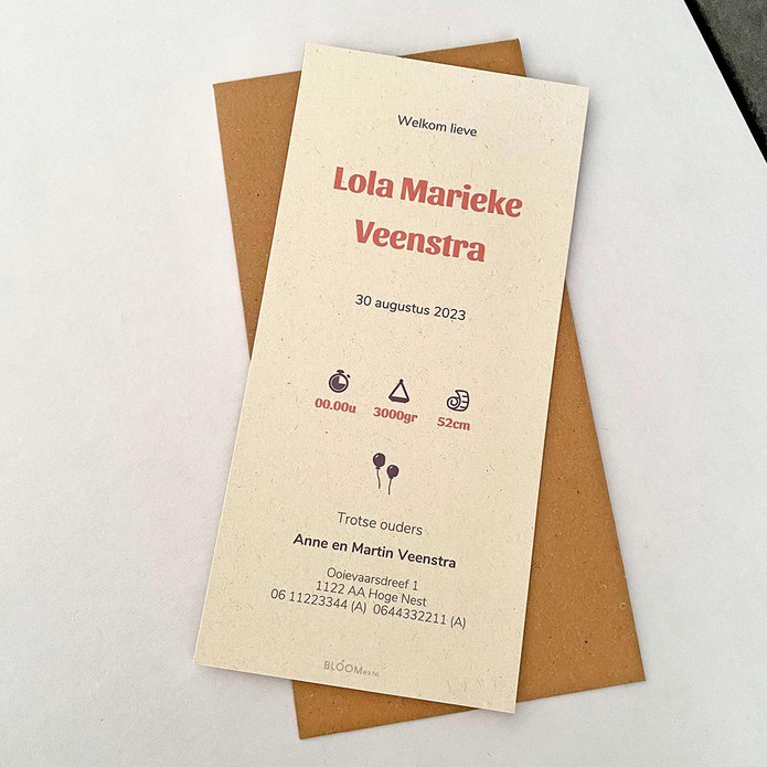 Geboortekaartje op duurzaam papier achterzijde