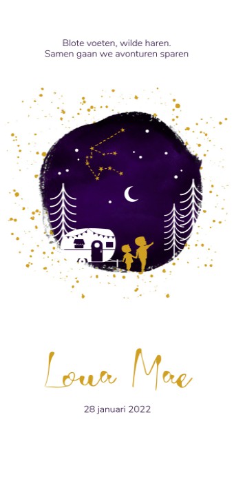 Geboortekaartje met goudfolie over reizen