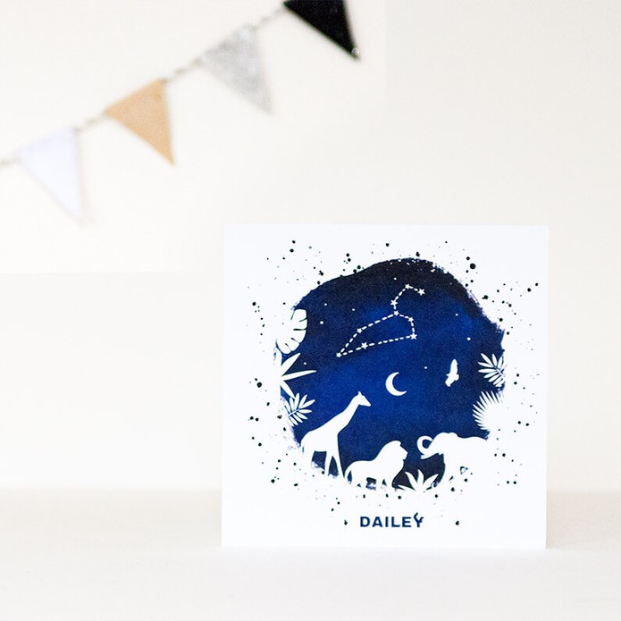 Geboortekaartje met jungle dieren en sterrenbeeld