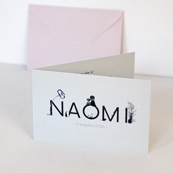 Geboortekaartje met naam en illustraties