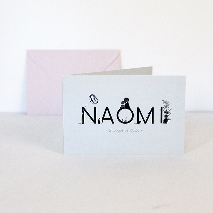 Geboortekaartje met naam en illustraties