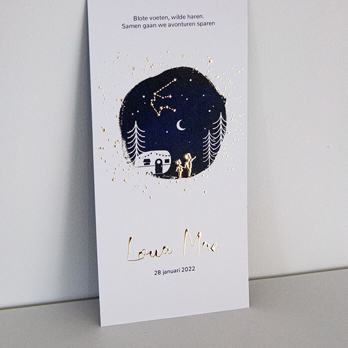 Geboortekaartje met reisthema en goudfolie