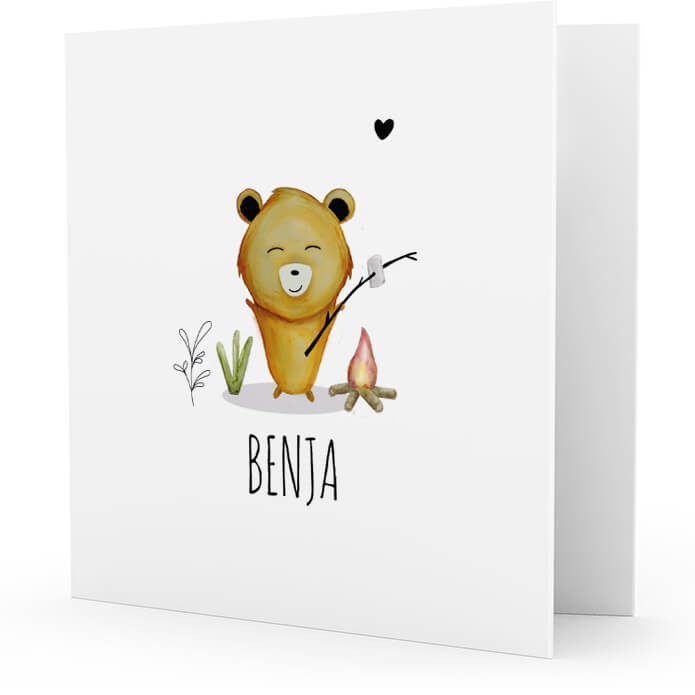 Geboortekaartje beer bij kampvuur