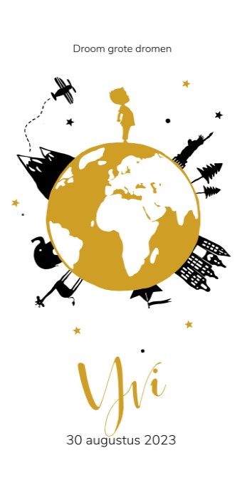 Geboortekaartje met wereldbol en jongen in goudfolie