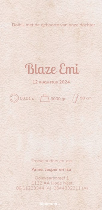 Achterkant van een geboortekaartje voor een meisje